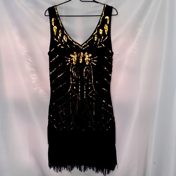 BEYONDBABE WO SIZE XL Elegant Black and Gold SEQUINS FLAPPER Women's STYLE Dress - Picture 1 of 11